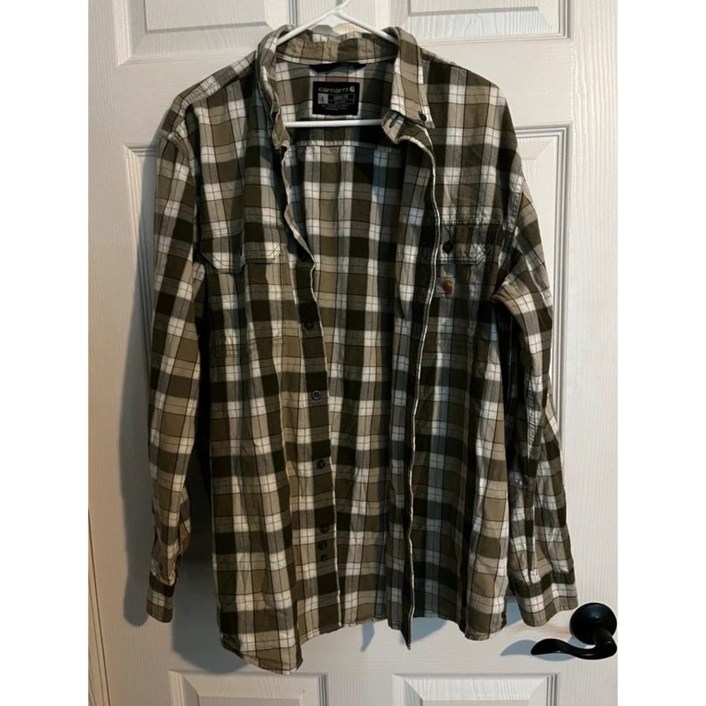 Carhartt Loose Fit Midweight Olive Green & White Plaid Long Sleeve Shirt